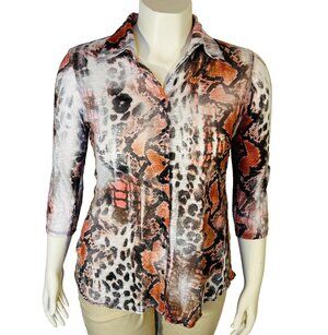 David Cline Blouse Womens L Abstract Animal Print Python Snap Front